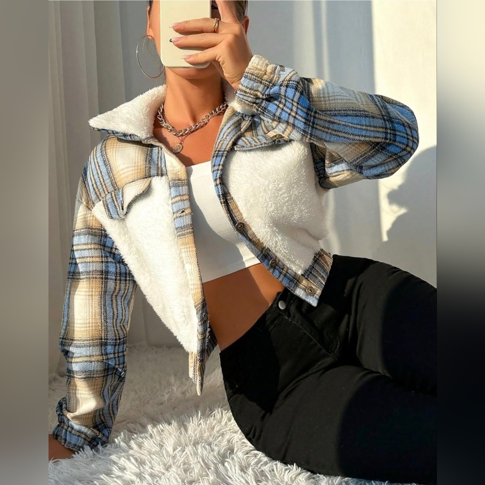 Plaid Print Button Front Crop Jacket - image 2